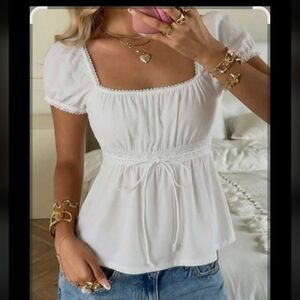Soly Hux White Lace  Detail Tie Waist Short Sleeve Top